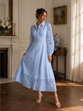 NEW Powder Blue Eyelet Lace Midi Dress | Vintage Elegant Button Front Dress